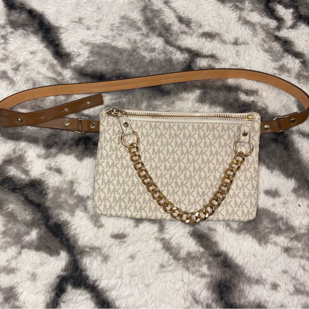 Michael Kors Beige Logo Chain Trim Clutch Wristlet